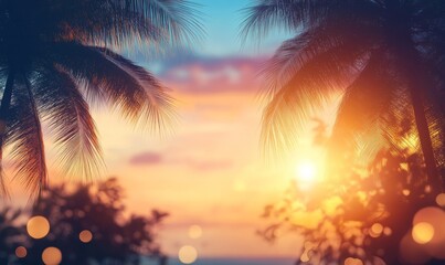 Wall Mural - Tropical landscape with palm trees and light leak with copy space