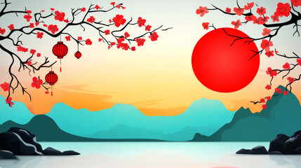 Poster - Tranquil sunset landscape with red lanterns