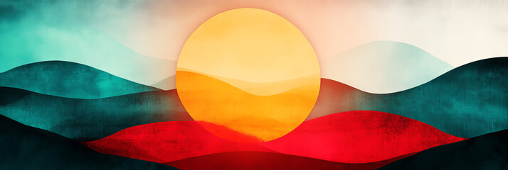 Poster - Abstract sunset over teal and red hills.