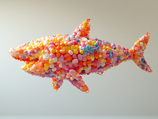 Poster - A colorful shark made of candy is floating in the air. The shark is made of various candies.