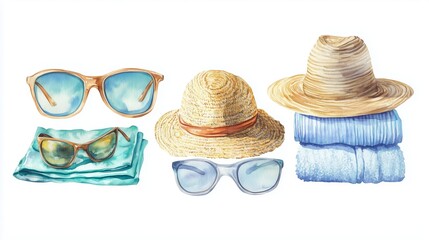 Sticker - Bright summer accessories including sunglasses, hats, and towels arranged for a beach day escape in a sunny atmosphere