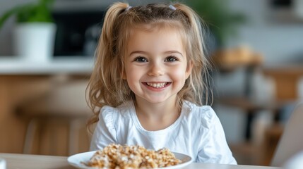 A joyful young girl with blonde hair smiles brightly as she enjoys her breakfast, focused on a bowl of cereal, capturing a moment of happiness and innocence.