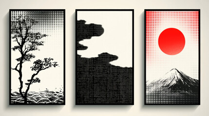 Sticker - Three framed Japanese-inspired prints with black and white abstract designs.