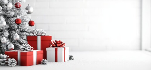 Wall Mural - 3D rendering of Christmas gifts with a white background. Red and silver gift boxes with ribbon wrapped around the top.