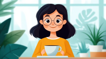 A charming illustrated character with black hair and glasses holds a coffee cup, captured in a whimsical art style, amidst vibrant leafy background in warm tones.