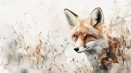 A fox is standing in a field of tall grass. The fox is looking to the left. The background is a mix of brown and white colors