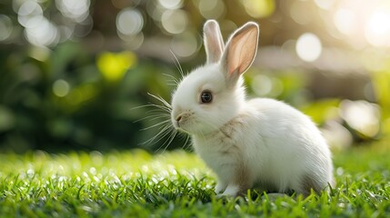 Wall Mural - Cute White Bunny in Green Grass