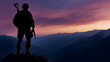 © Zape - A U.S. Marine in full combat gear, standing atop a rocky mountain peak at dawn, his rifle slung across his chest as he surveys the rugged landscape below. Marine on a mountain at dawn.