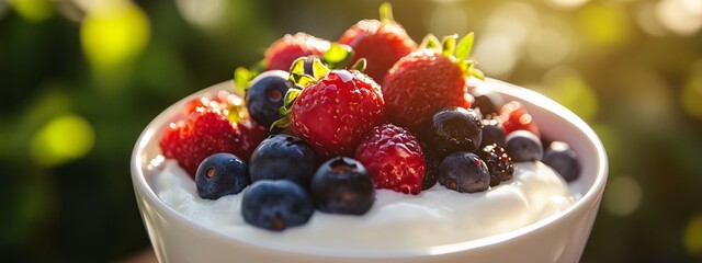 Poster - Freshly made yogurt topped with assorted berries in a sunlit outdoor setting during summer afternoons