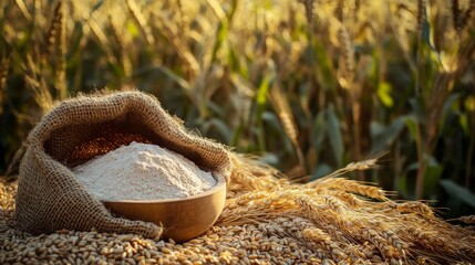 A table with grain in a burlap bag and wheat flour in a bowl is surrounded by ripe cereal fields.