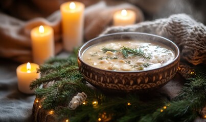 Wall Mural - Steaming bowl of soup on a small table, surrounded by candles, pine branches, and a thick woolen scarf.