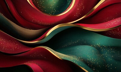 Wall Mural - Swirling red and green abstract patterns, blending like flowing ribbons, with hints of gold glitter resembling Christmas ornaments and tinsel.