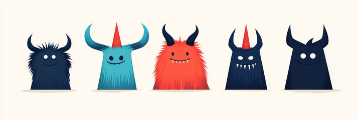 Canvas Print - Five friendly monsters with different colors and horns.