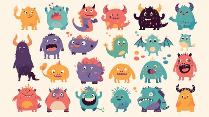 A vibrant and playful collection of hand-drawn tiny doodle monsters featuring cheerful facial expressions. 