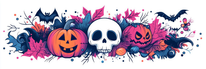 Poster - Spooky Halloween illustration with pumpkins, bats, and skull