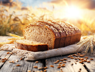 A beautiful background of whole-grain bread and wheat, with warm sunlight shining.