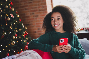 Sticker - Portrait of nice young girl hold phone fantasize wear sweater new year xmas holiday flat indoors