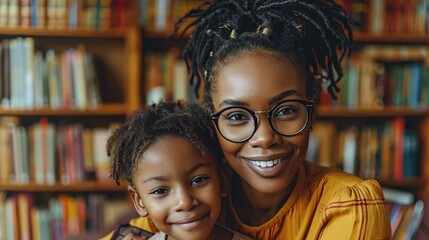 Mother and Daughter Embrace in Library