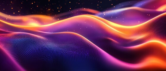 Glowing purple and orange waves dots and lines. Abstract technology background.