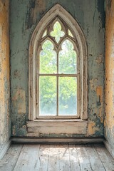 Canvas Print - Old Gothic Arch Window in Abandoned Building with Peeling Paint