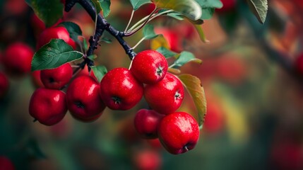 Close-up of a branch on an apple tree red apples cluster