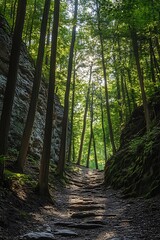 Sticker - Sunlit stone path through a dense forest with tall trees and rocky cliffs