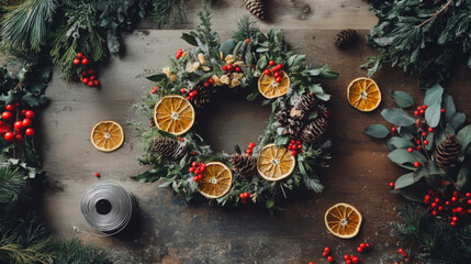 Clean and tidy workbench with a beautiful natural Christmas wreath featuring dried orange slices, berries and a variety of foliage. Around it is scattered a reel of wire, some Sprigs of holly and pine