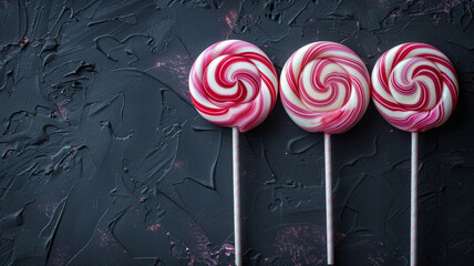 Three vibrant, swirled lollipops are displayed in a row on a dark, textured background. The bright colors contrast sharply with the surface, creating an eye-catching visual appeal. Copy space