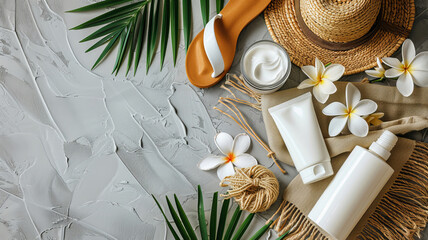 An arrangement of spa day items includes creams, a scrunchie, and fresh plumeria flowers, complemented by a sun hat and sandals, creating a relaxing tropical vibe for self-care moments. Copy space