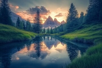 Wall Mural - In spring, the color of the sunset is dramatic at an idyllic alpine lake.