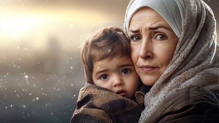 Wall Mural - A woman is holding a child in her arms