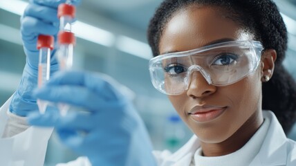 a woman wearing a lab coat and safety goggles is holding two test tubes