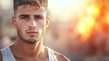 Canvas Print - A man with a beard and a white tank top is standing in front of a fire