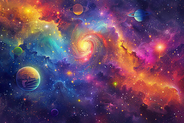 Wall Mural - a colorful space scene with a planet in the middle.,