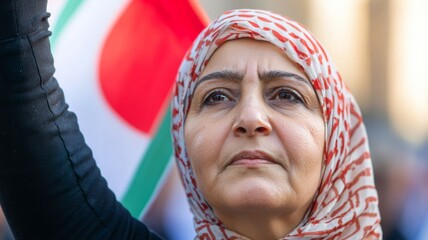 Sticker - A woman wearing a scarf and holding a flag