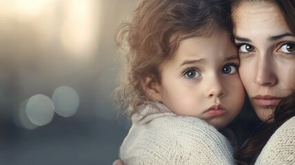 Wall Mural - A woman is holding a child with a sad expression on her face