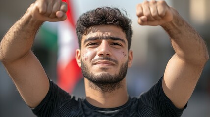 Wall Mural - A man with a black shirt and a red flag in the background