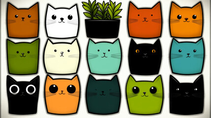 Poster - Cute colorful cartoon cats in a grid pattern.