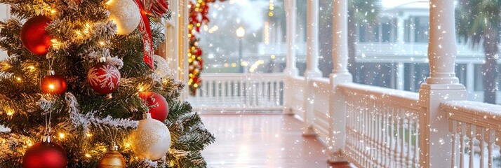 front porch decorated for christmas holiday 