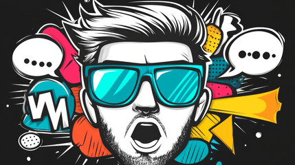 Poster - A surprised man with blue sunglasses and a beard in a pop art style.