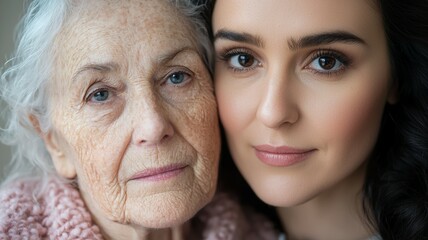 Poster - A woman with a very wrinkled face is hugging a younger woman