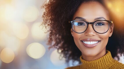 Poster - A woman with curly hair is smiling and wearing glasses