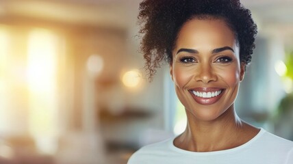 Canvas Print - A woman with a big smile on her face is standing in front of a window