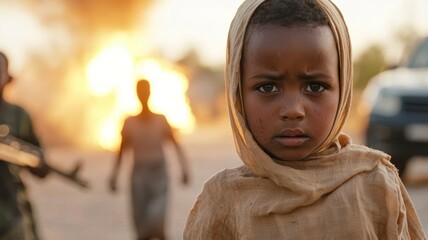 Sticker - A young boy is standing in front of a fire, with a man holding a gun behind him