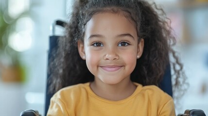 Poster - A young girl with curly hair is sitting in a wheelchair and smiling