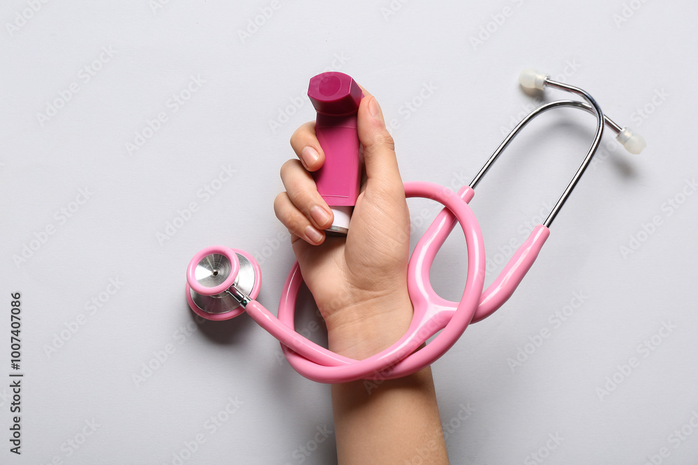 Child's hand with asthma inhaler and stethoscope on white background