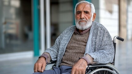 Poster - An elderly man in a wheelchair is sitting on a sidewalk