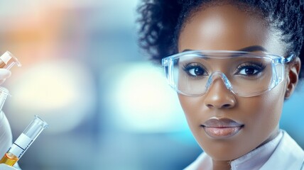 Sticker - A woman wearing a lab coat and safety goggles is holding a test tube