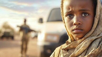 A young girl with a scarf on her face is looking at the camera