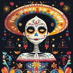 Vibrant vector illustration for Dia de Los Muertos, showcasing traditional Mexican elements such as sugar skulls, marigolds, and colorful decorations.  